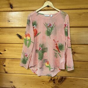 Lemon Way Sheer Chiffon Top Size S Tropical Bird Parrot long Sleeve Pullover